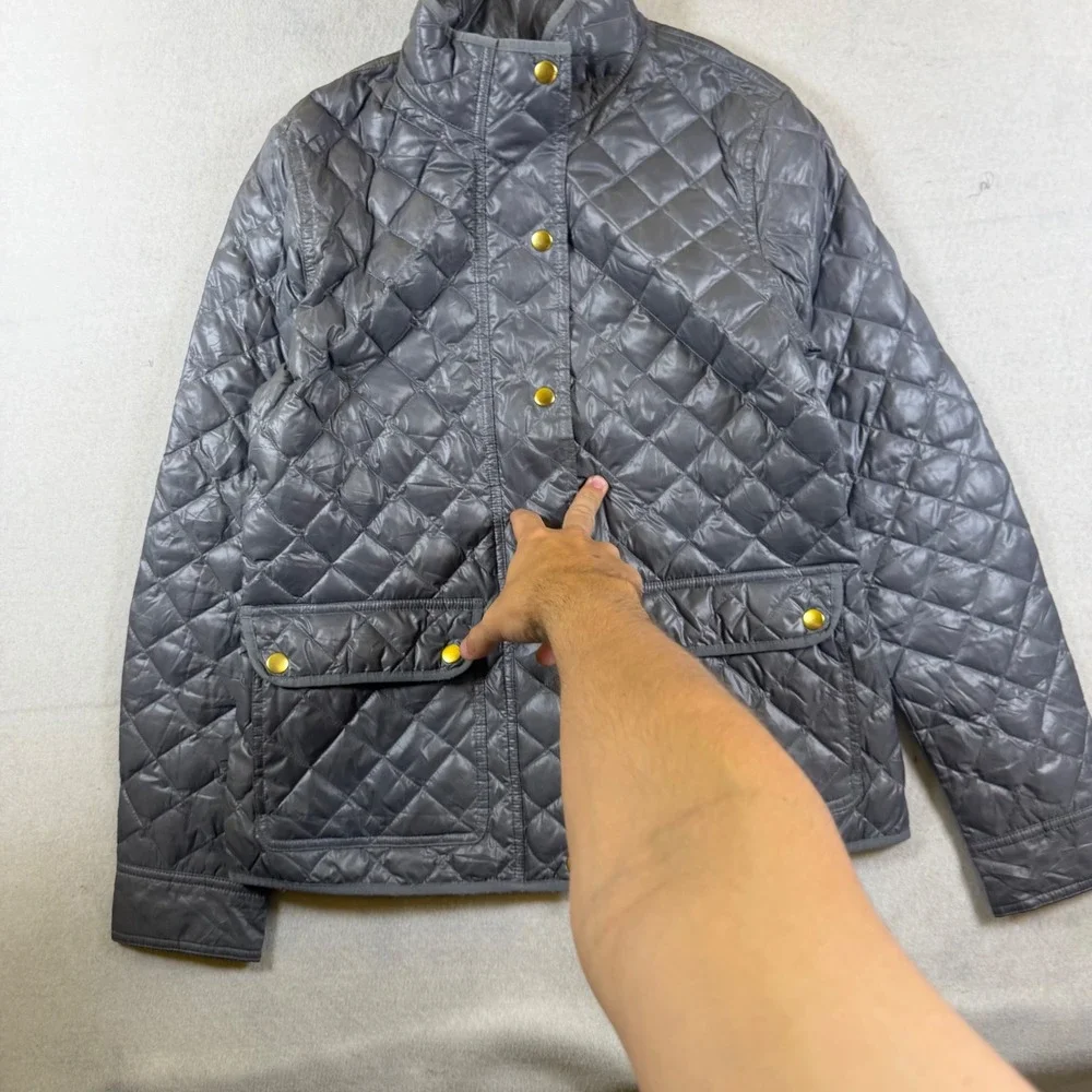 J.Crew Womens Gray Quilted Barn Jacket Gold Snap Front Diamond Quilt Small